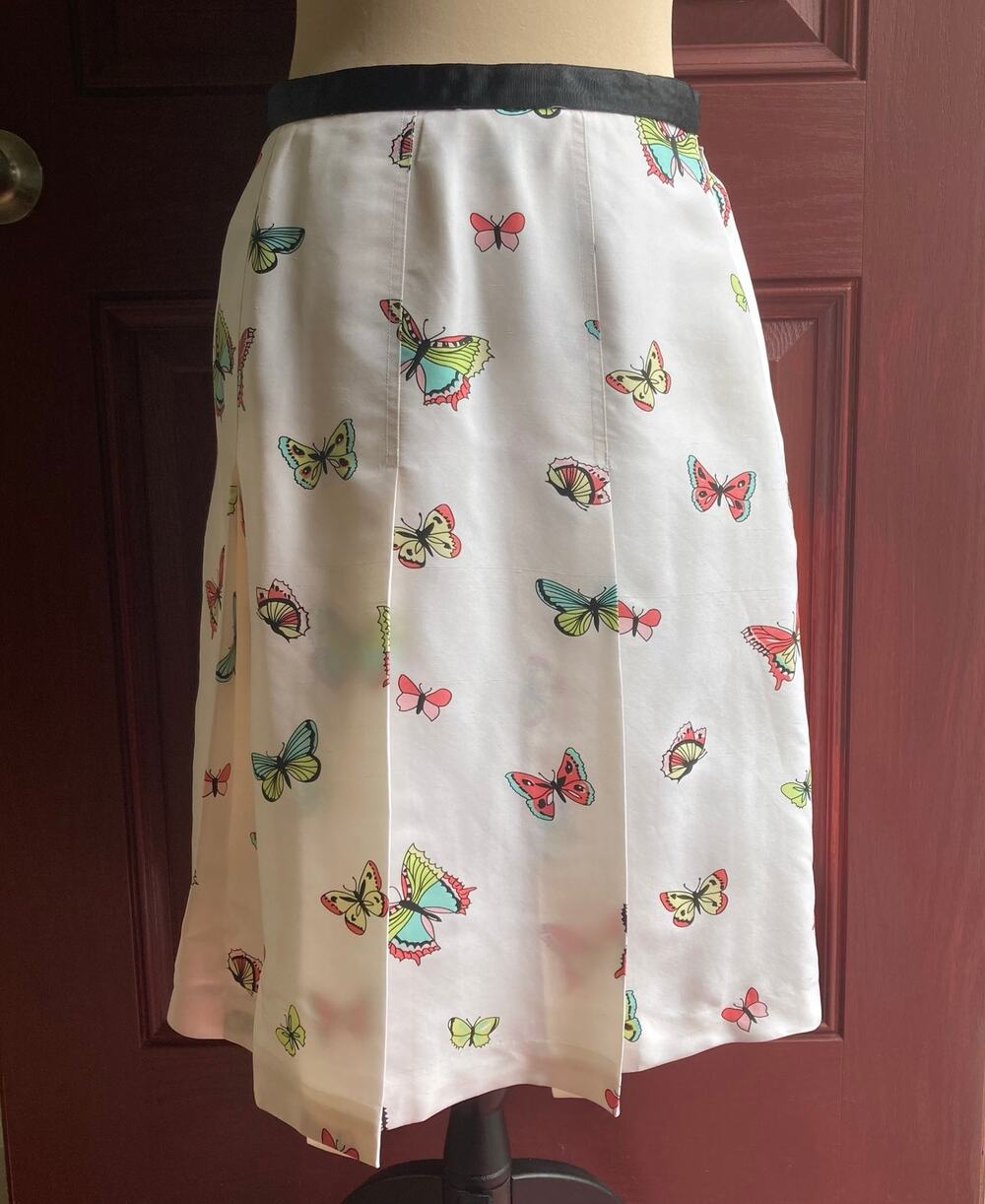 Grace Elements Silk Midi Skirt 6 White Multicolor Butterfly A-Line Pleats Fairy